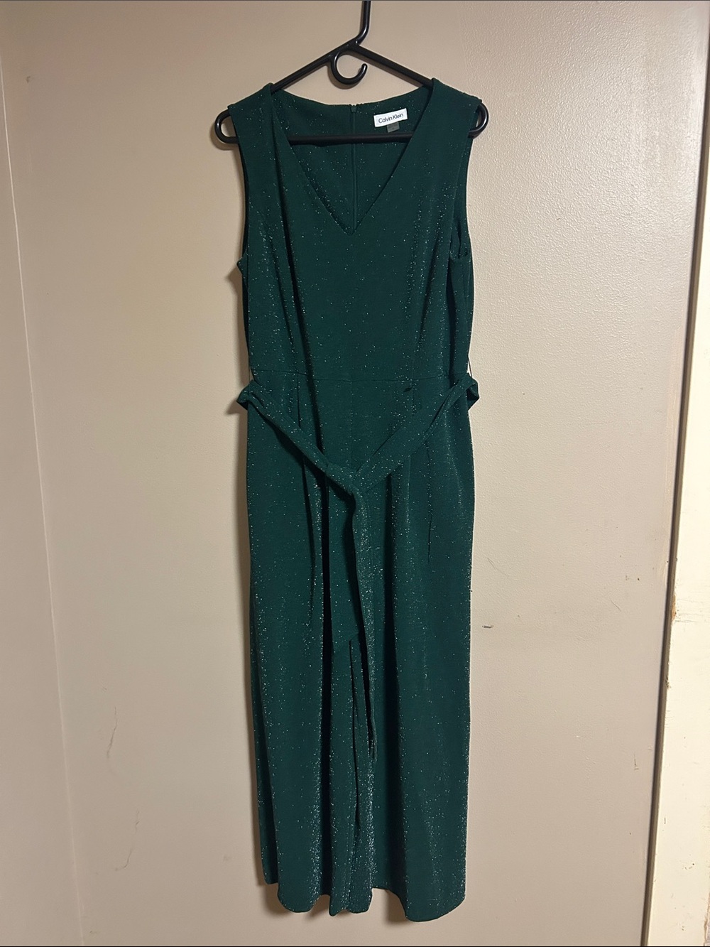 Calvin Klein Emerald Green Sleeveless V-Neck Jumpsuit with Tie Waist